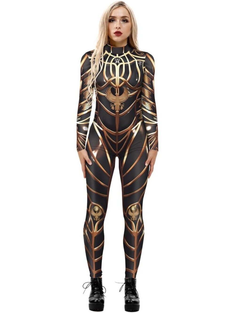 Women's Black Gold Sci Fi Skeleton Bodycon Jumpsuit Full Body Unitard Rave